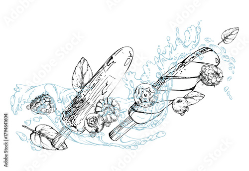 Melting popsicle ice pop lolly with splashes drops, mint leaves, flying raspberry blueberry berries. graphic illustration hand drawn in vector ink. Summer product branding, treat sticker, flavor tag