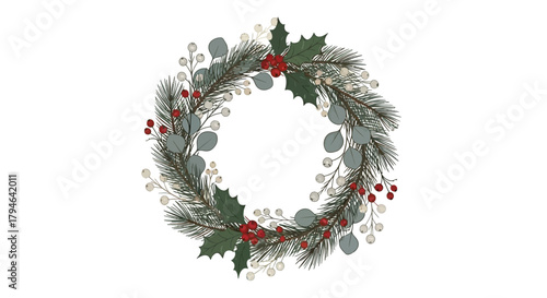 Charming holiday wreath with pine, holly, eucalyptus, and vibrant red berries creates a festive, welcoming atmosphere for your seasonal designs