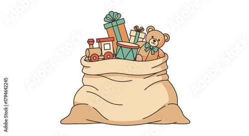 Joyful holiday season with a sack full of toys and gifts, perfect for Christmas celebrations and childhood memories, adding festive cheer to your designs