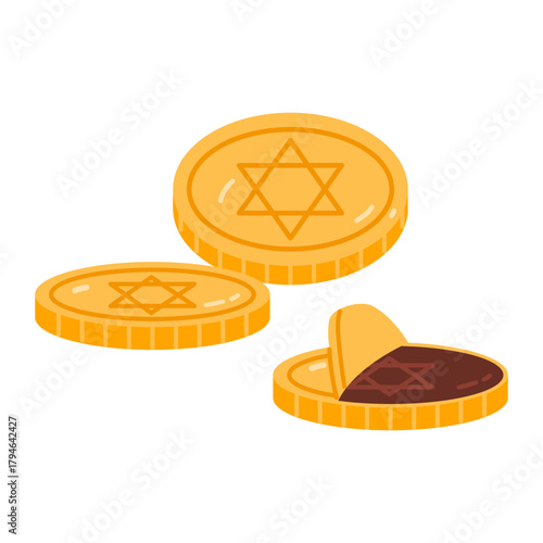 Chocolate Hanukkah gelt coins wrapped in gold foil with Star of David symbol. Traditional treat for Jewish holiday. Flat vector illustration isolated on white background
