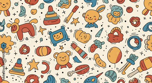 Delightful hand-drawn pattern of vintage baby toys offering a playful retro vibe, perfect for nursery decor, children's products, and nostalgic designs