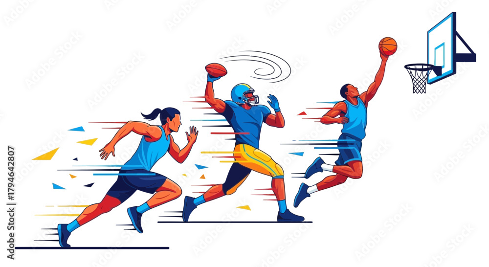 © Chathuranga - Dynamic athletes sprint run pass and dunk basketball showcasing speed action and athletic achievement in vibrant motion