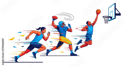 Dynamic athletes sprint run pass and dunk basketball showcasing speed action and athletic achievement in vibrant motion
