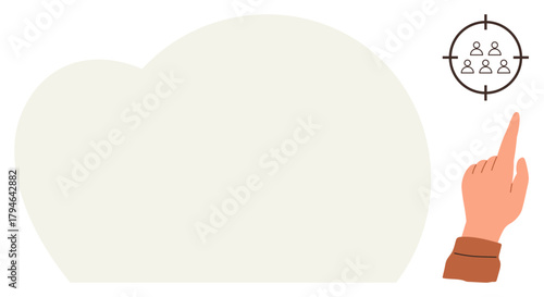 Hand pointing at target containing small figures of people symbolizing audience targeting, focus, and precision in goal achievement. Ideal for marketing, business, strategy, leadership, analytics