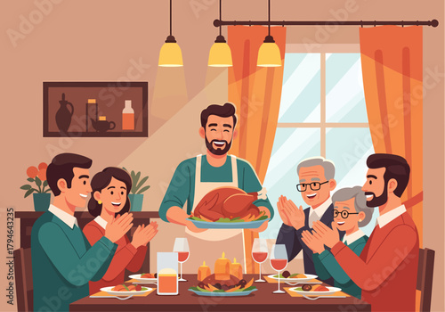 A happy, multi-generational family is gathered around the dinner table, smiling warmly as the mother presents a perfectly roasted turkey in thanksgiving day