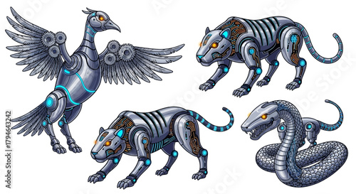 Futuristic robotic animals including a bird, two panthers, and a snake with mechanical details and glowing eyes
