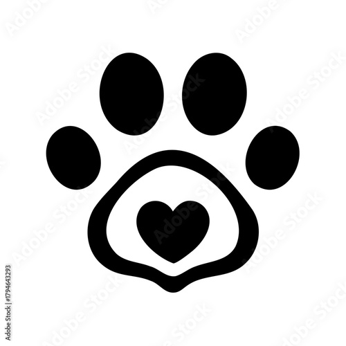 Stylized black and white paw print with heart symbolizing animal love
