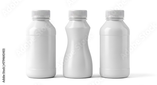 Three white plastic bottles with ribbed caps on a white background container liquid