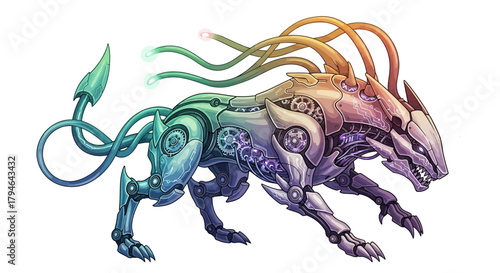 Futuristic cybernetic lion creature with glowing tendrils and intricate gears, symbolizing power and advanced technology.
