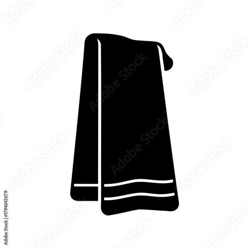 A neatly hanging black and white bathroom towel with decorative stripes