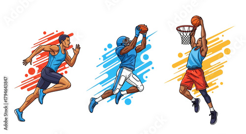 Dynamic athletes showcase athletic prowess in running, football, and basketball action scenes