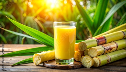 Sugarcane juice in glass with cane stalks and green foliage on wood under bright sunlight, warm colors