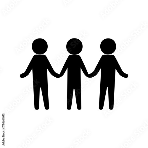 Three stick figures holding hands, symbolizing unity, teamwork, and collaboration in black