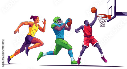Dynamic athletes in action showcase peak performance in running football and basketball for ultimate sports inspiration