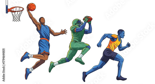 Dynamic athletes in action basketball football and running convey energy and athletic achievement for sports promotions