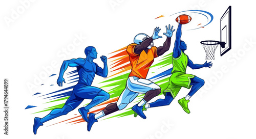 Dynamic athletes compete in thrilling basketball and football action, showcasing intense energy and athletic prowess.