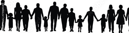 Community unity silhouette, people holding hands, family connection, social support, togetherness illustration, black vector line, teamwork, diversity, solidarity, bond