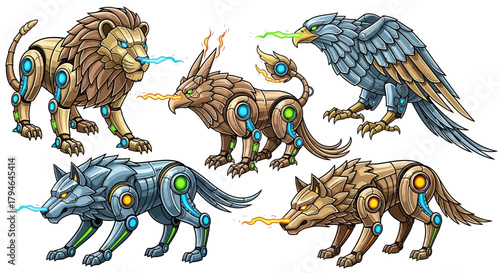 Dynamic robotic mythical creatures unleash elemental energy, combining nature and technology for epic fantasy.