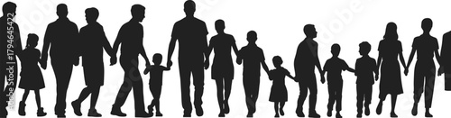 Family unity silhouette, people holding hands, community bond vector, social connection art, black illustration, togetherness concept, support symbol design