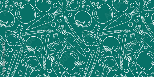 hand drawn doodle style repeating background wallpaper with carrot asparagus tomato apple and cauliflower for vegan lifestyle