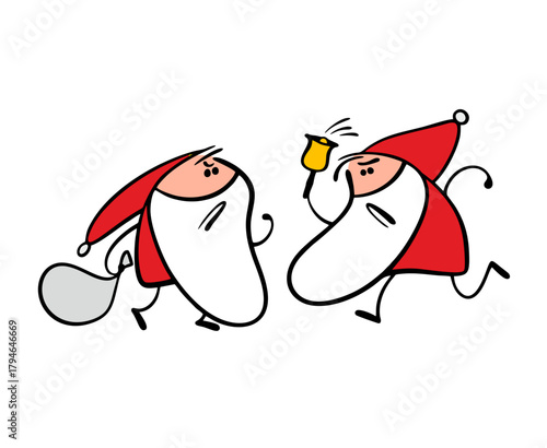 Two people dressed as Santa Claus started a fight. Vector illustration of old men with white beards swearing, hitting and calling names. Aggressive actors for the Christmas holiday.