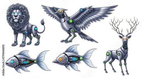 Dynamic robotic creatures including a lion, bird, deer, and fish showcase futuristic biomechanical marvels