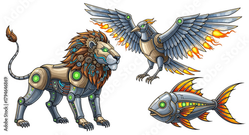 Steampunk menagerie features mechanical lion, bird with fiery wings, and robotic fish in dynamic composition