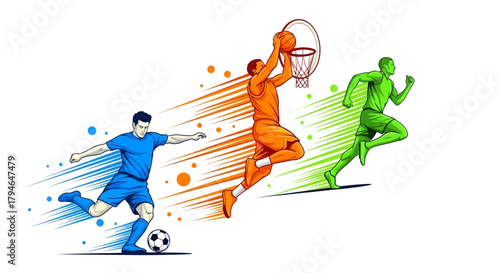 Dynamic athletes showcase soccer, basketball, and running action with vibrant motion trails for sports promotions