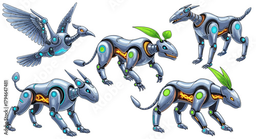 Futuristic robotic creatures including a bird and canine-like animals with organic elements
