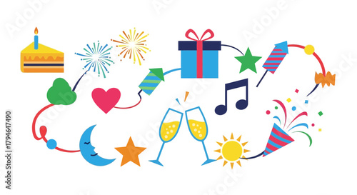 Celebrate moments with vibrant party icons including cake, fireworks, gifts, and champagne toasts for joyous occasions