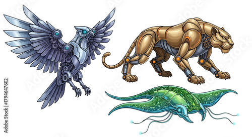 Dynamic robotic creatures, a metallic falcon, a golden panther, and an alien insect, showcasing futuristic technology and powerful design