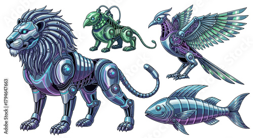 Stunning steampunk mechanical creatures including a lion, bird, feline, and fish with intricate robotic details and metallic sheen