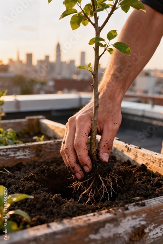 Wallpaper Mural Close-Up of Hand Planting Tree Sapling in Urban Rooftop Garden at Warm Golden Hour Torontodigital.ca