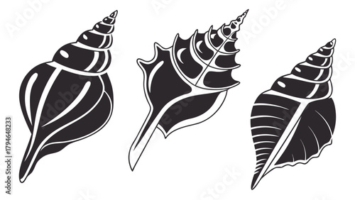 Black Silhouette Conch Shell Icons Vector Set – Nautical Sea Shell Symbols, Marine Coastal Graphics, and Ocean-Themed Design Elements