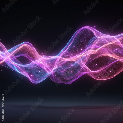 Wavy, neon lines glow amidst faint, glittering dots