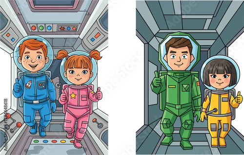 Cute kids and adults wearing colorful astronaut suits walking inside futuristic spaceship hallway, smiling explorers giving thumbs up during fun space adventure illustration