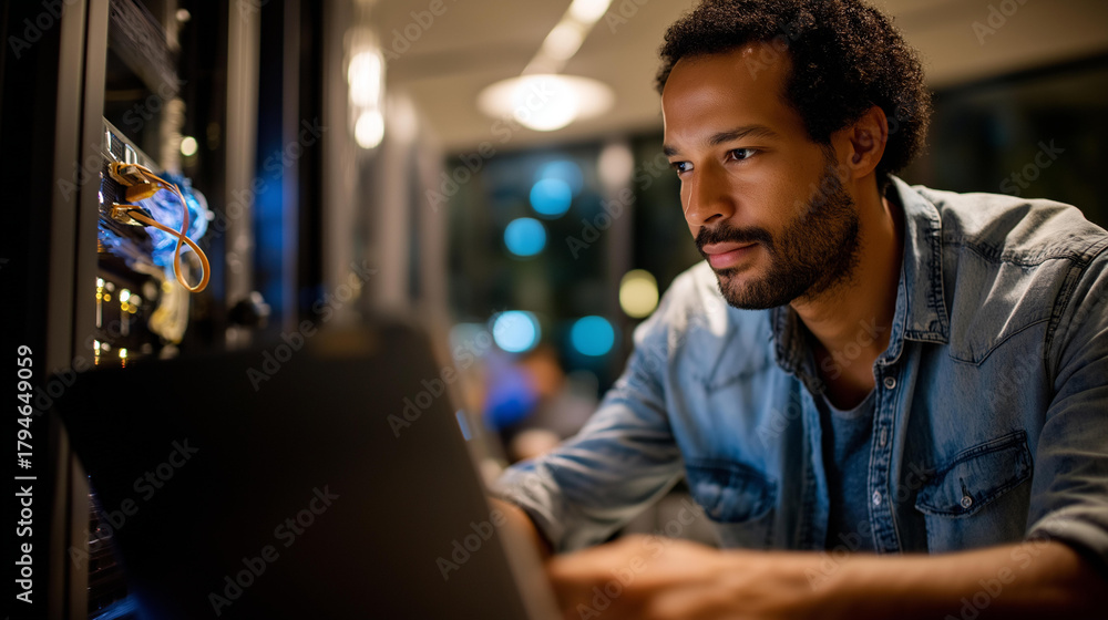 Obraz premium Faceless programmer entering server room using AI defocused infrastructure diagnostics background IT admin in data center performance data analysis artificial intelligence tech