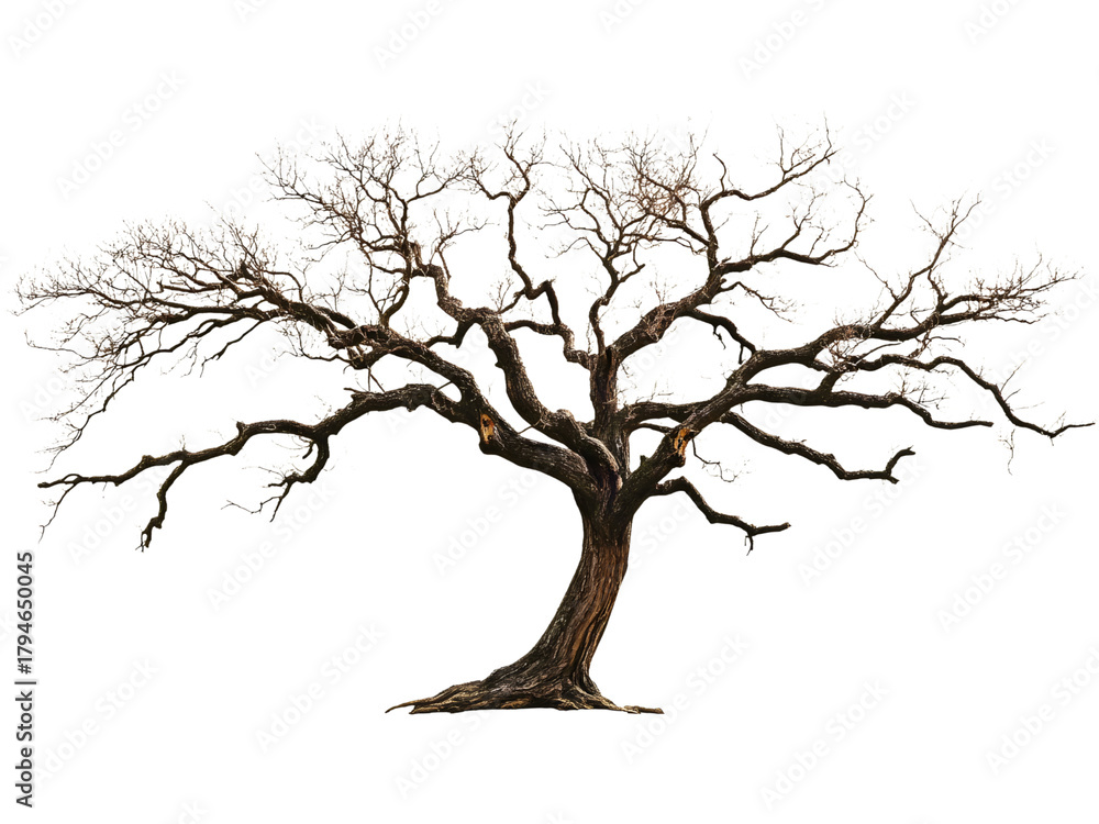 Fototapeta premium Leafless dead tree isolated on transparent background, perfect for autumn, drought, or environmental design themes.