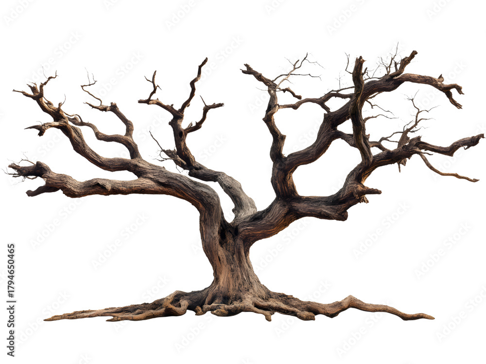 Fototapeta premium Dry fallen tree with twisted branches isolated on transparent background, ideal for nature, decay, or Halloween designs.