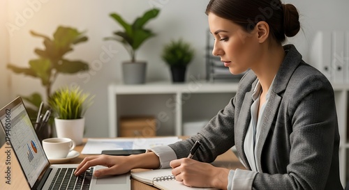 A professional woman in a gray suit works diligently on her laptop in a bright office environment, surrounded by office supplies