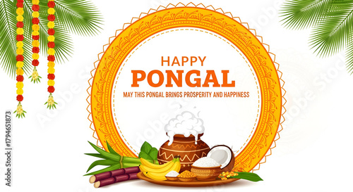Happy Pongal religious festival of South India celebration background. illustration. happy pongal translate Tamil text.