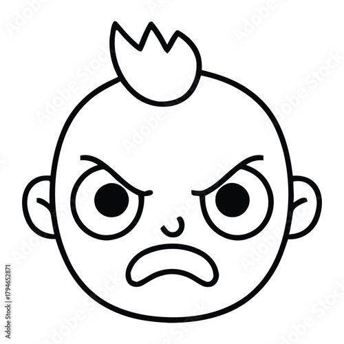Furious toddler face with spiky hair and angry expression, conveying frustration and distress in a bold outline style