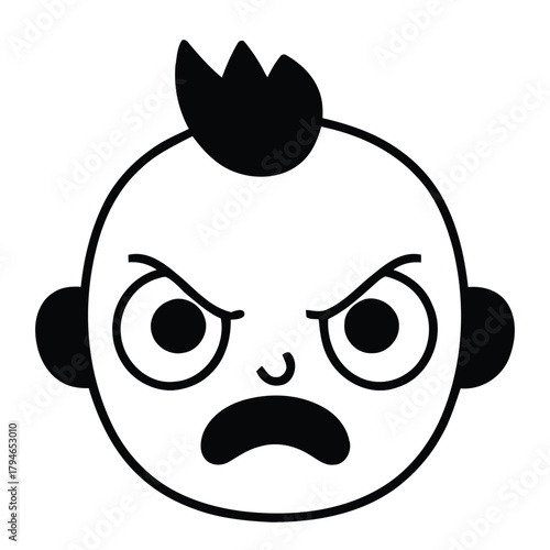 Frowning baby face with angry expression and spiky hair, conveying frustration and disapproval in a simple, bold graphic style.