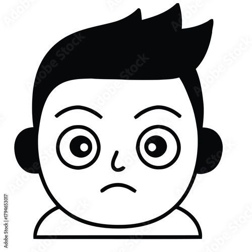 Worried boy with wide eyes and furrowed brow expressing concern or confusion in a simple graphic style