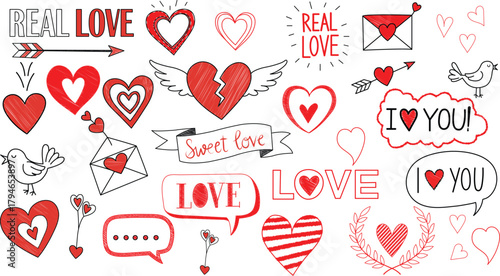 Red romantic Valentine sketches of playful hearts, broken hearts with wings, real love text, sweet love banner, envelopes, and stars