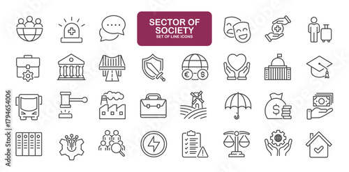 Set of line icons related to sector of society. Outline icons collection