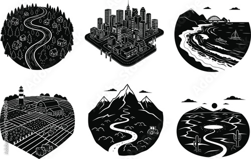 Landscape illustration set, black vector scenes, rural, urban, coastal, desert, forest, mountain environments, lifestyle and nature concept