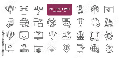 Set of line icons related to wifi, wireless, internet, networking. Outline icons collection