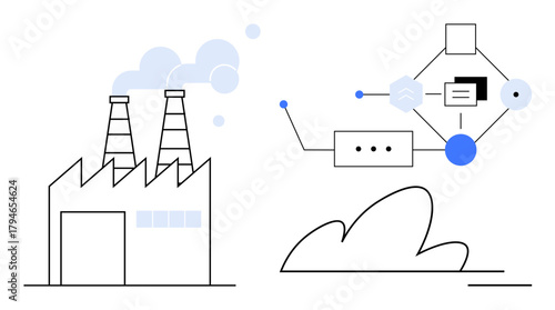 Factory building emitting smoke and digital workflow diagram symbolizing automation, efficiency, and innovation. Ideal for manufacturing, technology, automation, process optimization, digital