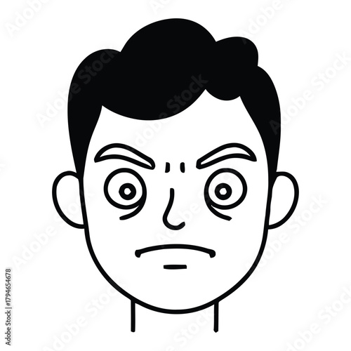 Frustrated man with furrowed brows and worried eyes expressing deep dissatisfaction and concern in a simple line art style